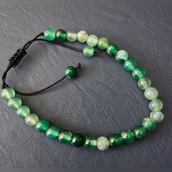 Natural Green Jade Round Gems Beads Braided Adjustable Bracelet 7.5'' - Picture 2 of 2